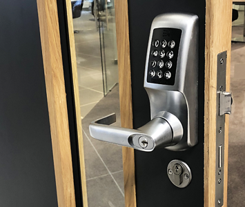 Digital door lock installation on a business office