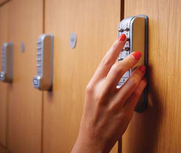 Digital lock installed on gym locker doors